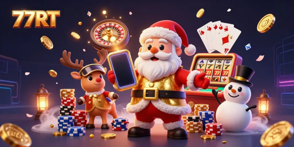 Experience excitement with 77RT through a festive casino scene featuring Santa, reindeer, and a snowman.
