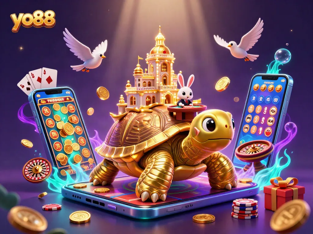 Experience thrilling gameplay with yo88 as the golden tortoise carries a vibrant casino palace.