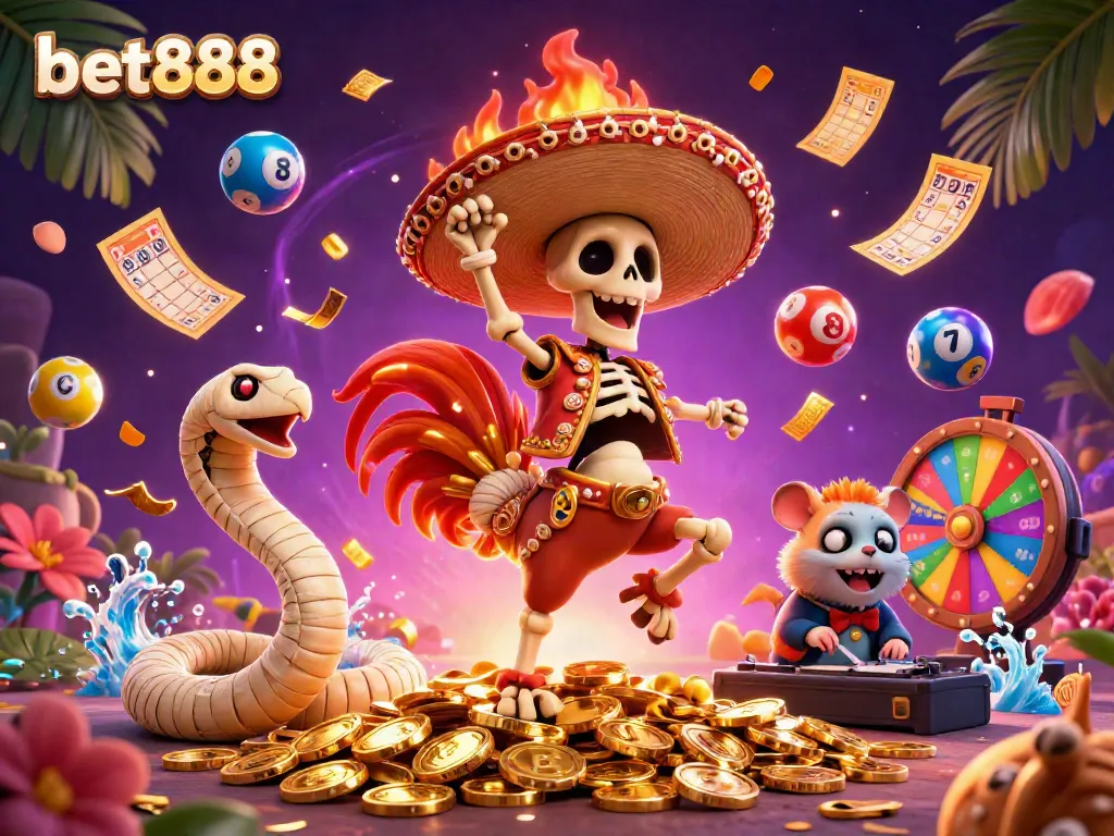 Experience dynamic gambling fun with bet888 in a lively casino scene featuring a mariachi rooster, a mummy snake, and a DJ hamster.