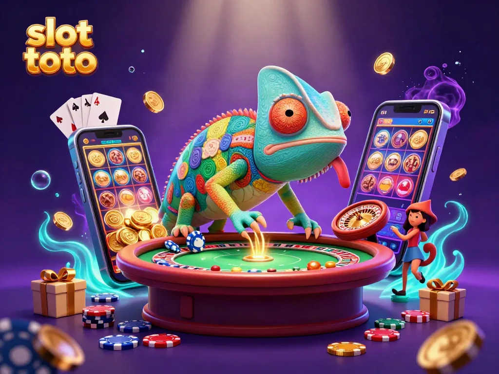 Slot toto menunjukkan kasino yang menarik dengan chameleon menyebar uang emas dan permainan menarik.