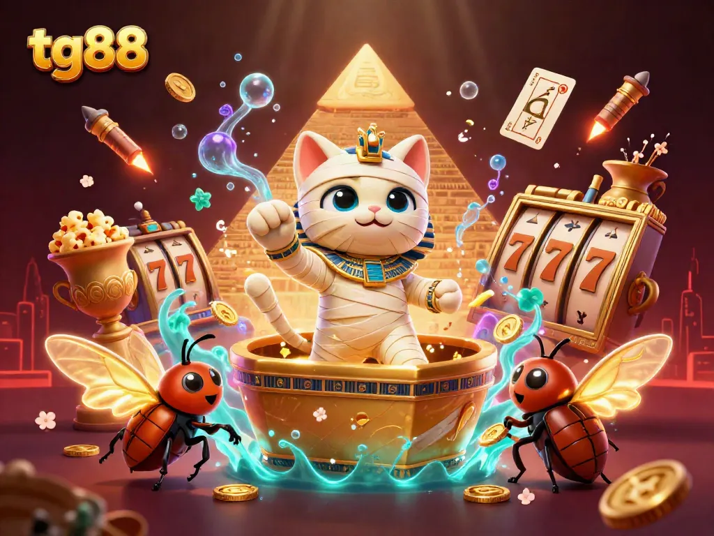 Experience thrilling games at tg88, featuring a lively scene with an Egyptian mummy cat and casino elements.