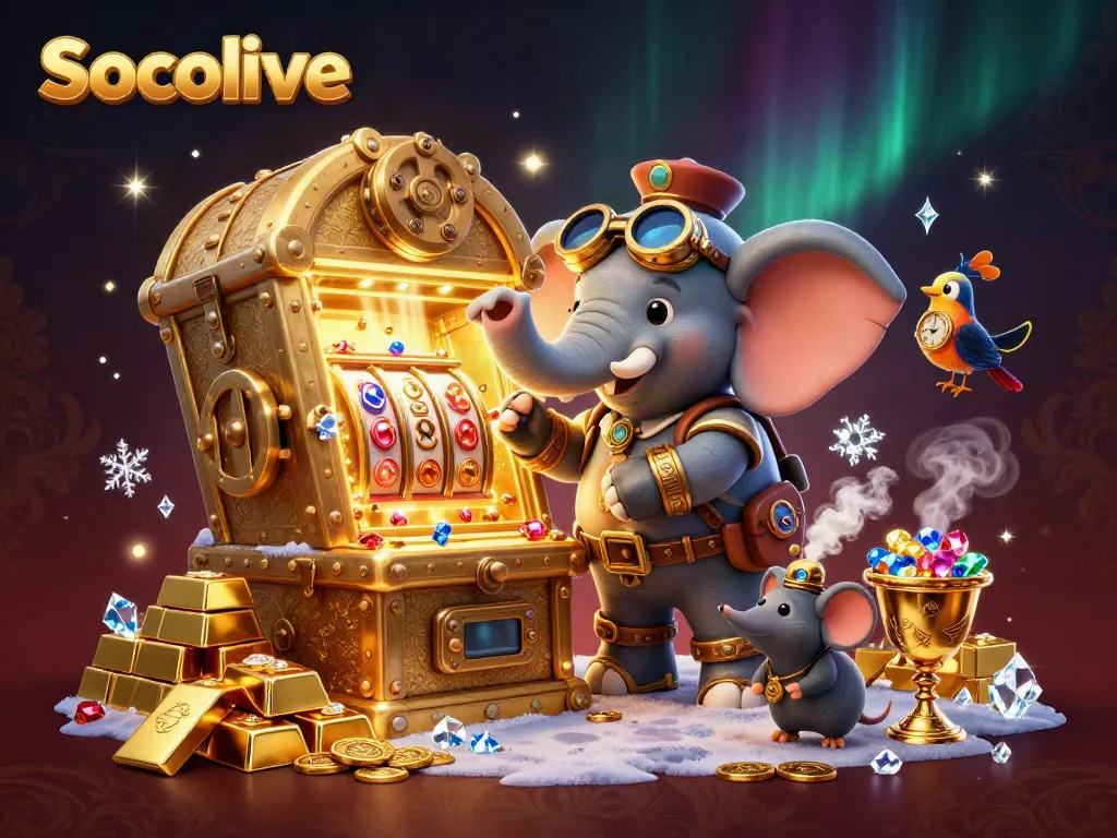 Socolive entertains players with vibrant steampunk-themed slot machine action surrounded by treasures.