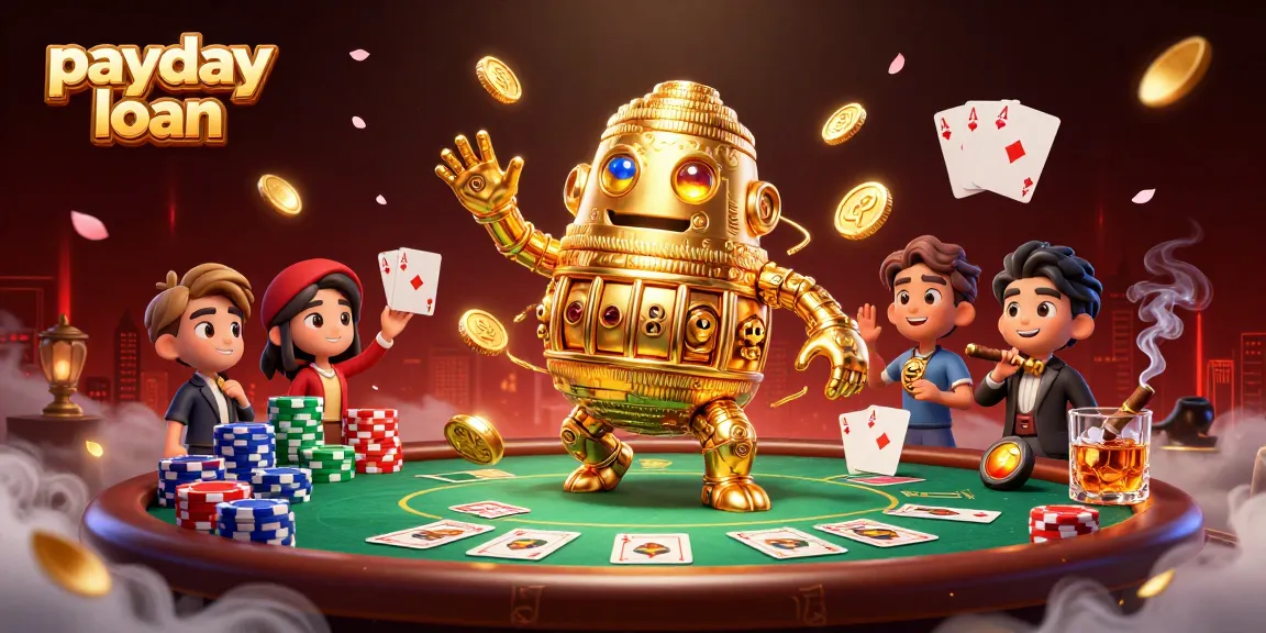 Experience payday loan excitement with golden golem, poker elements, and animated gaming ambiance.