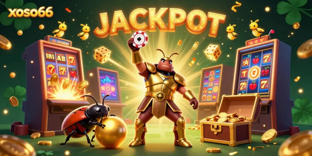 Experience the excitement of xoso66 with a victorious beetle, dynamic casino elements, and a jackpot celebration!