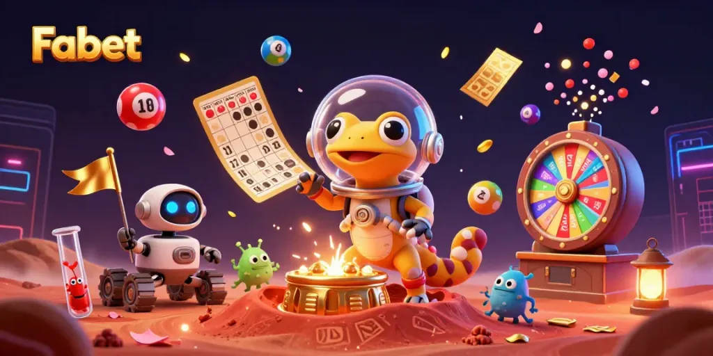Experience vibrant gaming excitement at Fabet with a Martian gecko discovering a golden casino.