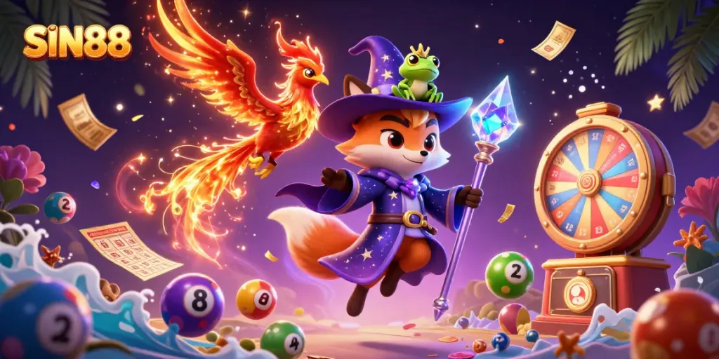 SIN88's dynamic casino scene with a wizard, phoenix, and golden gaming elements creating excitement.