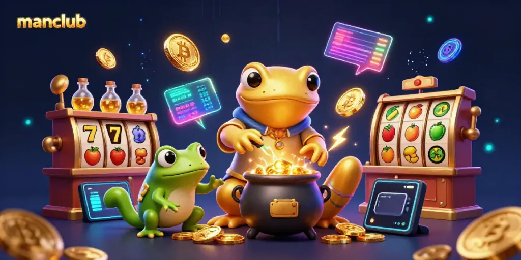 manclub highlights exciting casino gameplay with 3D characters and vibrant slot game elements.