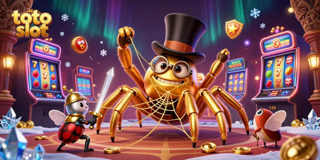 Engage with the thrilling toto slot experience, featuring a golden tarantula weaving casino rewards.