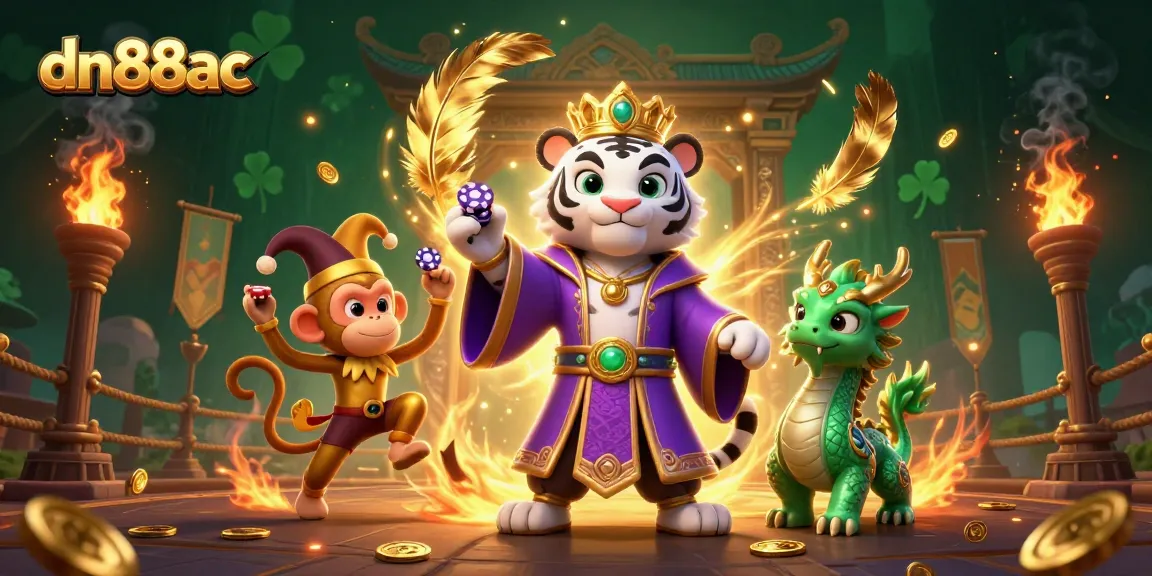 Experience thrilling gaming action at dn88ac with a lively scene featuring a white tiger, golden monkey, and jade dragon.
