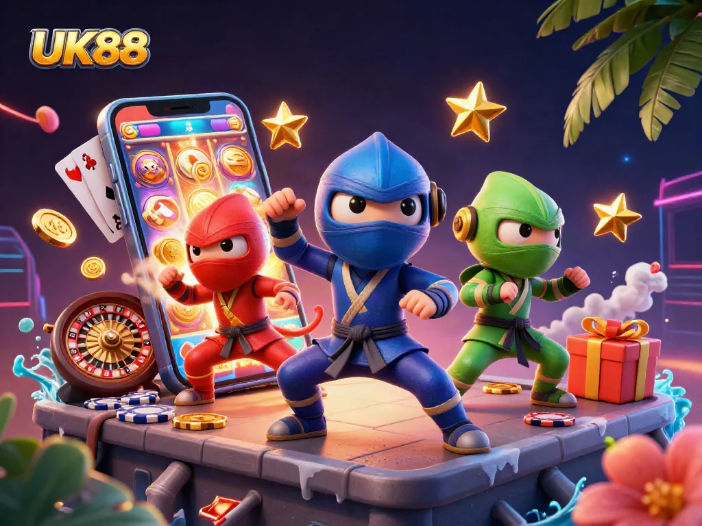 UK88 showcases a vibrant scene with ninja chameleons and dynamic casino elements, enhancing your gaming experience.