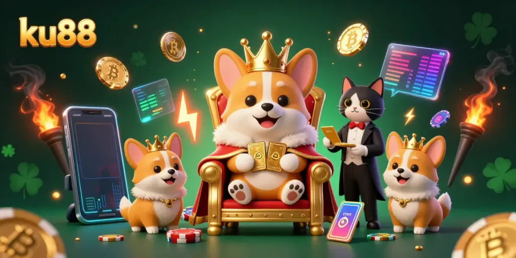 Engage with ku88's vibrant 3D world showcasing a royal corgi in a casino setting, symbolizing winning potential.