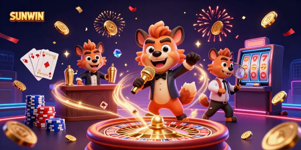 Experience the excitement of SUNWIN with a lively comedy casino scene featuring hyenas.