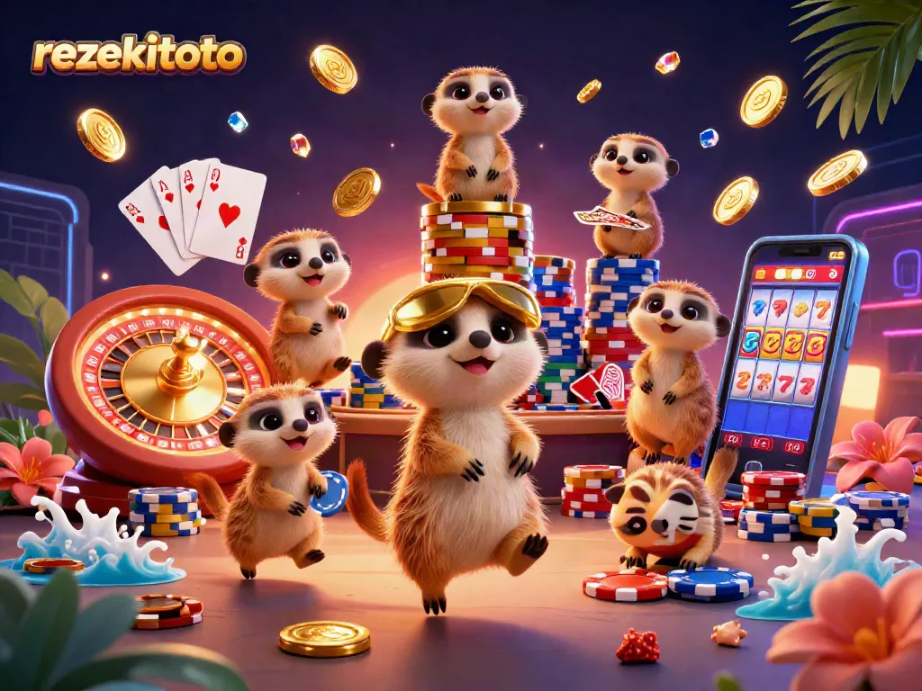 The meerkats of rezekitoto orchestrating a vibrant casino with gold coins and colorful chips illustrating excitement.
