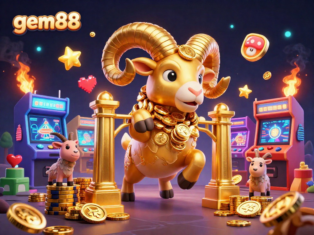 Experience the thrill with gem88 as the golden ram charges through a vibrant casino scene.