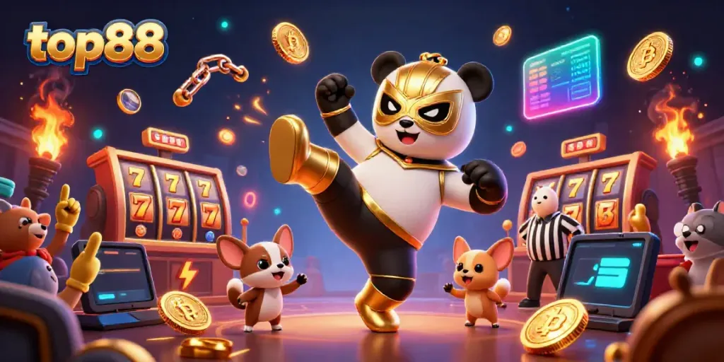 Experience the excitement of top88 with a visual of a panda wrestler kick and lively animal fans amidst slot game elements.
