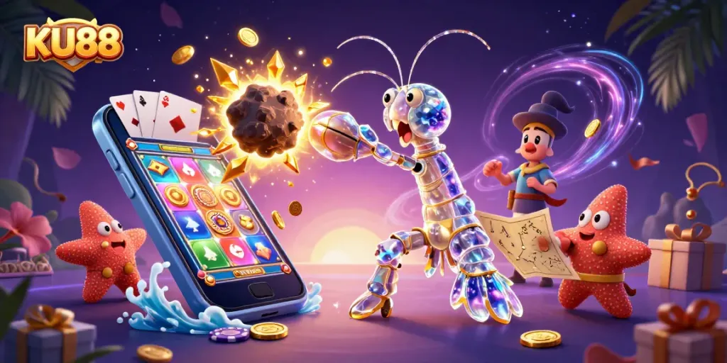 KU88 gaming adventure featuring vibrant elements and a galactic mantis shrimp hero.