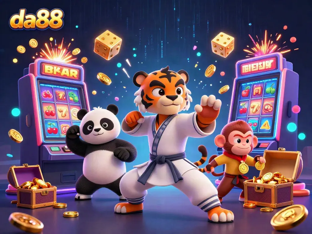 Experience the vibrant world of da88 through a colorful 3D illustration showcasing casino games and characters.