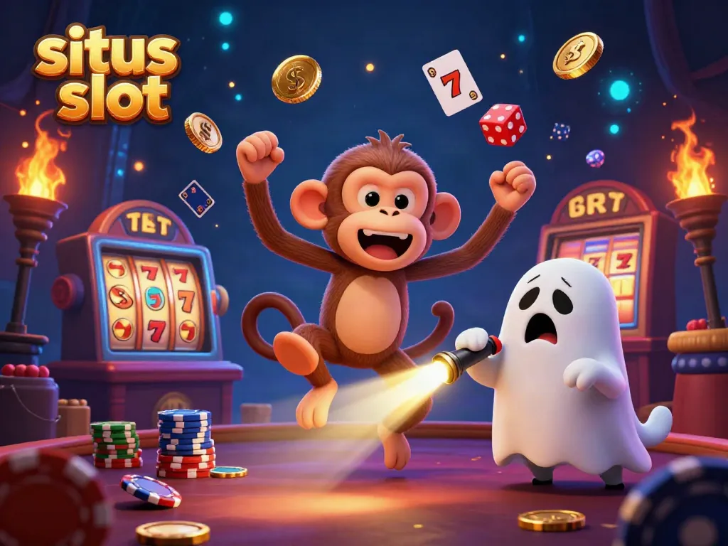 The situs slot scene features a playful poltergeist monkey juggling casino tokens while a puppy ghost-hunter tracks it.