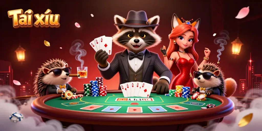 Experience Tài xỉu with a raccoon and friends in a vibrant casino scene featuring poker elements.