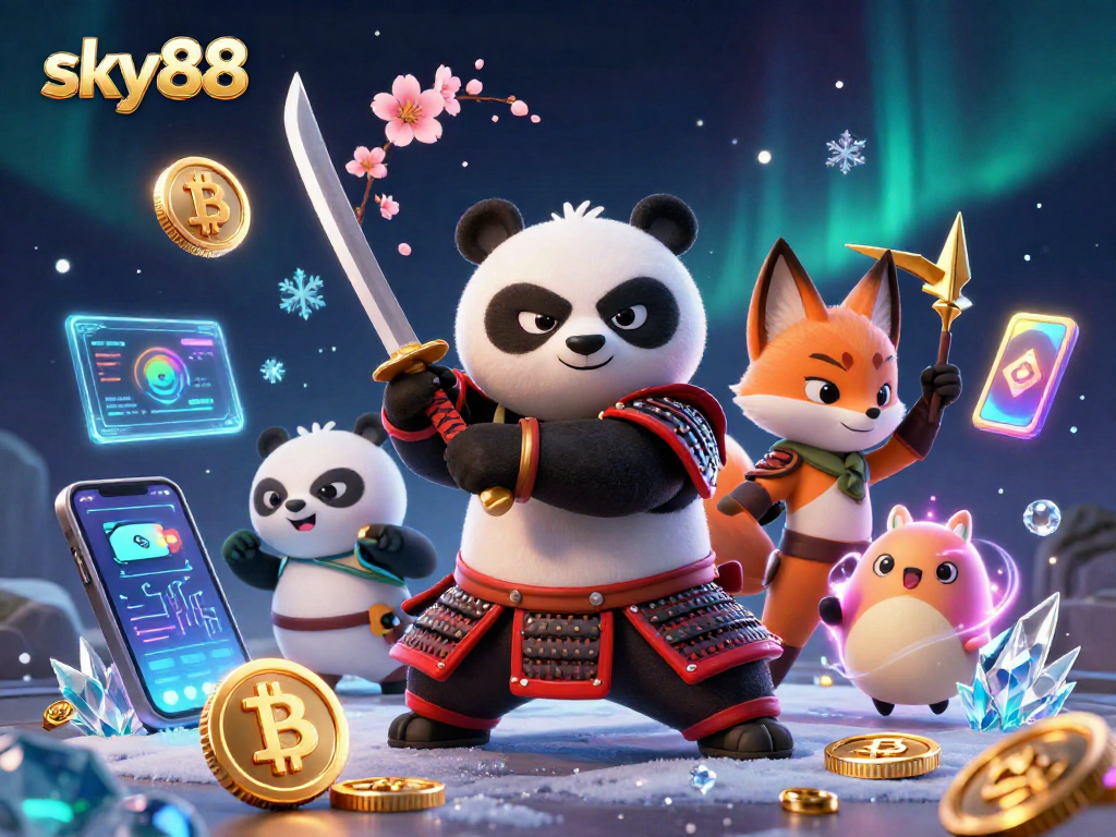 Engage with dynamic sky88 gameplay featuring samurai panda and ninja fox in a vibrant casino scene.