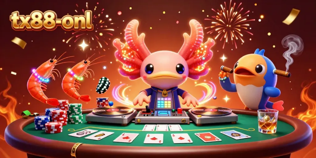 Engage with the vibrant scene of tx88-onl featuring a neon axolotl DJ, poker chips, and lively underwater theme.