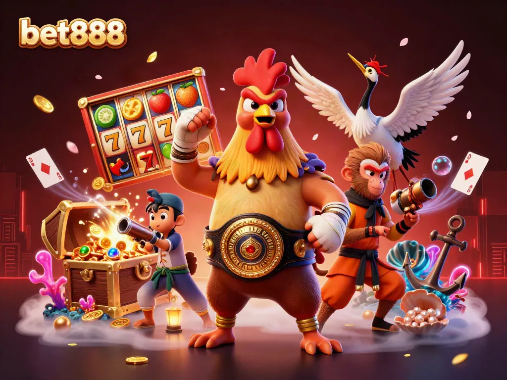 Bet888 playful scene with Muay Thai rooster, monkey martial artist, and crane master near slot machines and treasure
