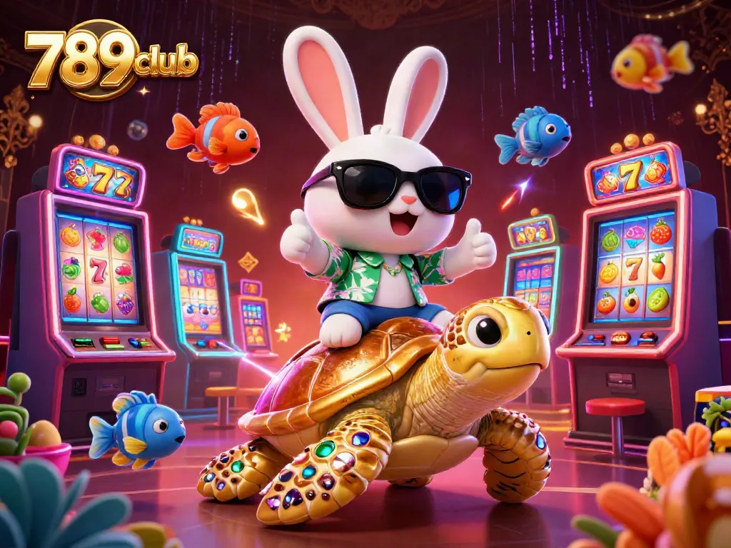 Experience the excitement of 789club with a vibrant 3D cartoon scene featuring a lucky rabbit and golden sea turtle.