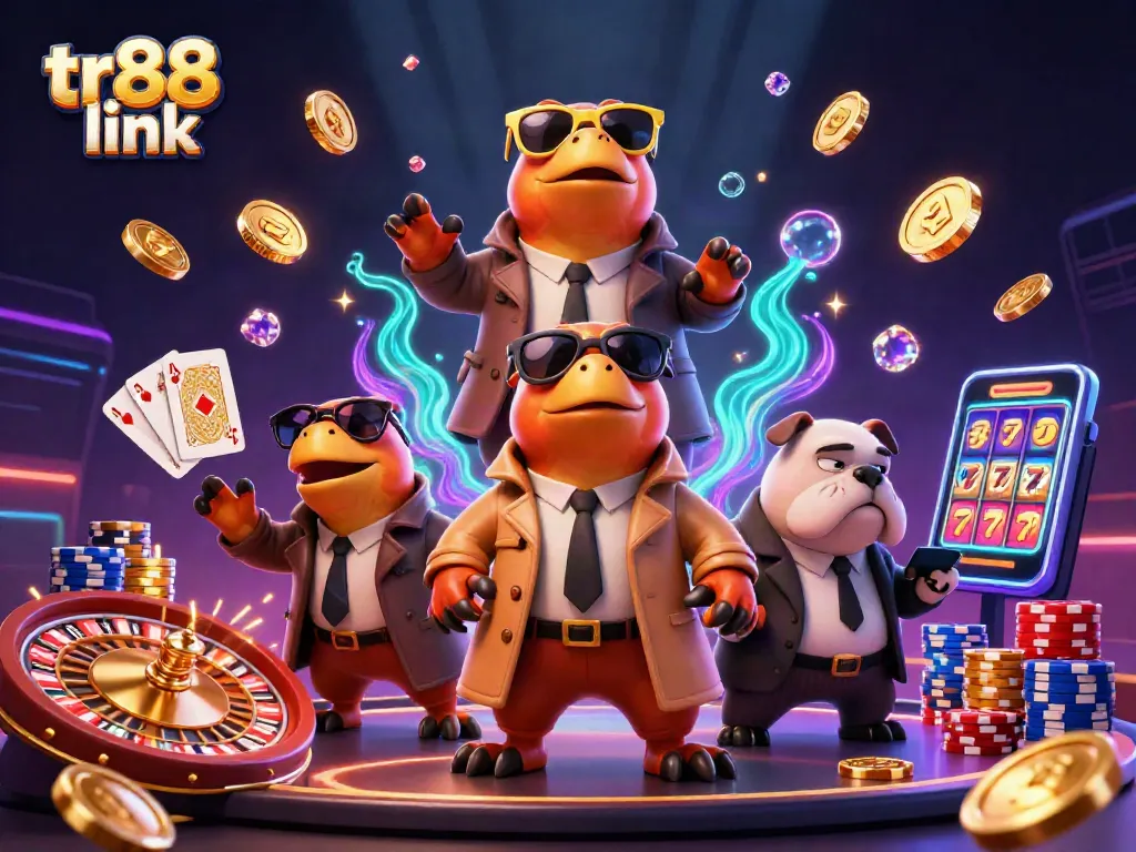 Experience the thrilling atmosphere with tr88 link, featuring playful raptors heading to a VIP casino lounge.