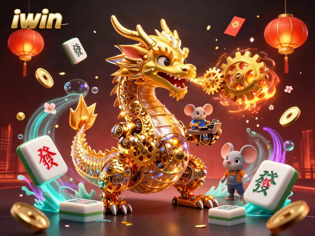 iwin presents a vibrant 3D scene with a golden dragon, gaming elements, and celebratory motifs.