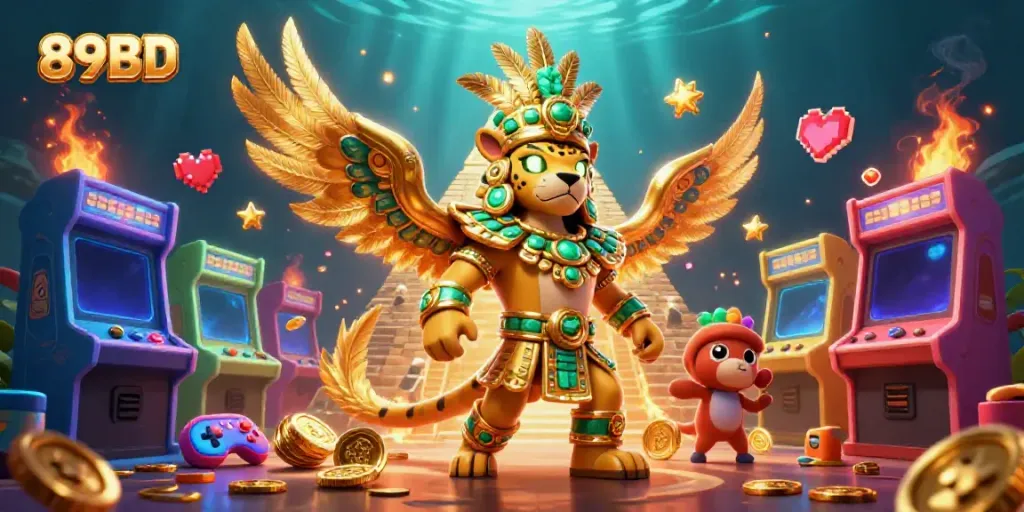 Engage with 89BD's vibrant casino world featuring a Mayan jaguar priest and quetzal bird