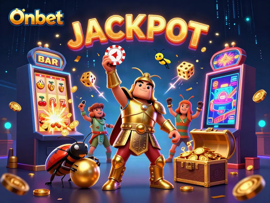 Join Onbet's thrilling gambling adventure with a cartoon hercules beetle celebrating a jackpot!