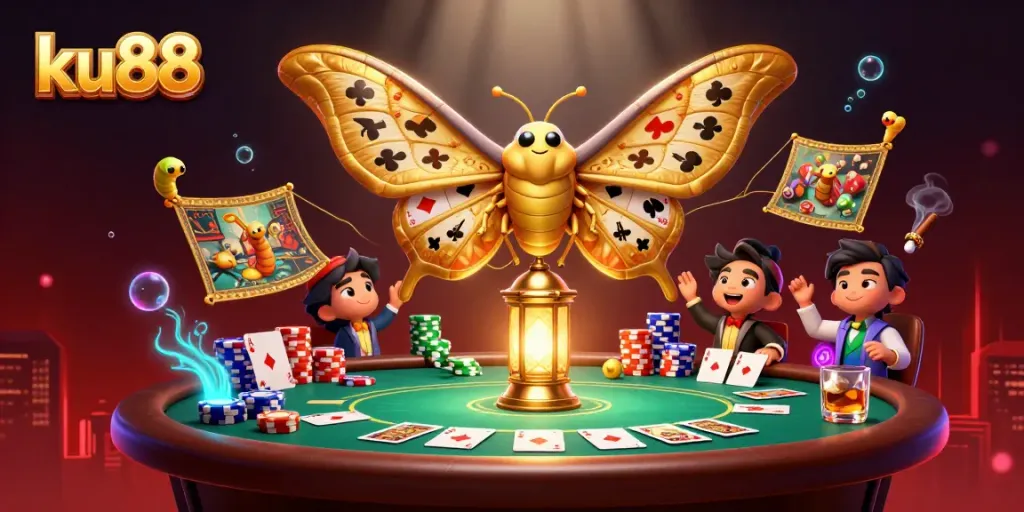 Experience thrilling poker action at ku88 with vibrant casino elements and characters.