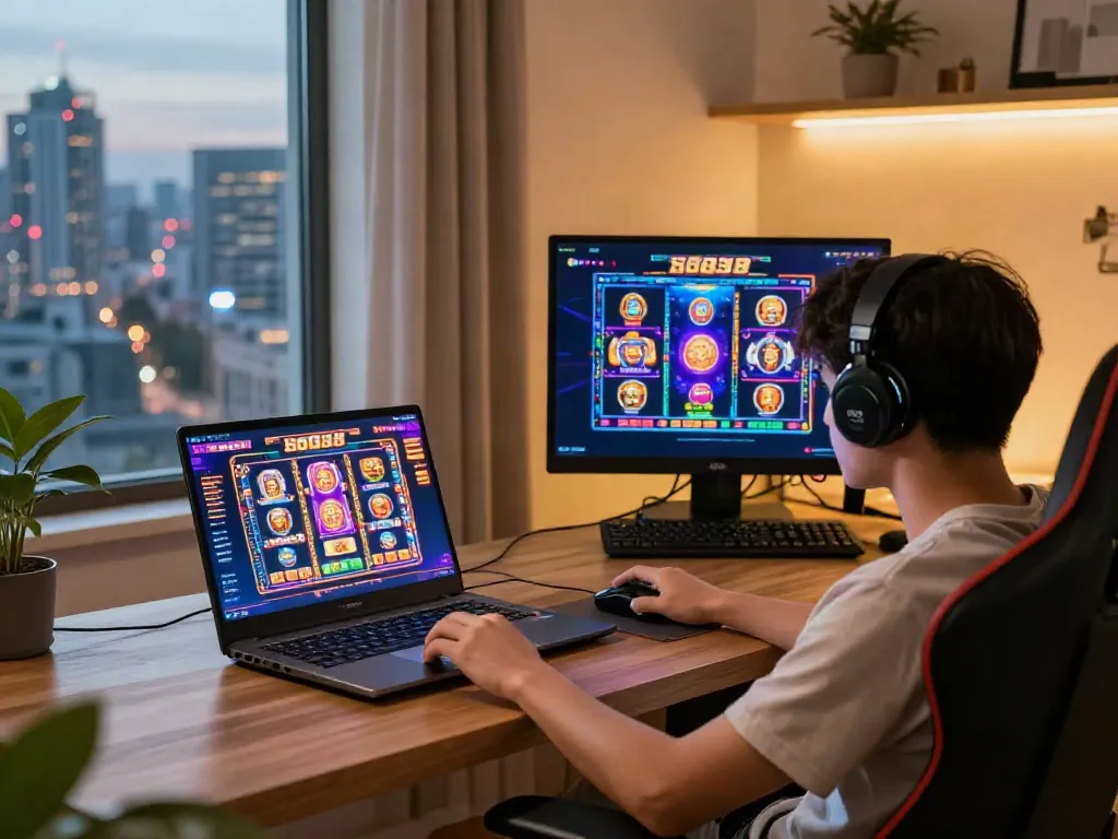 Engaging online gaming experience with slot88 on a modern laptop in a stylish room.