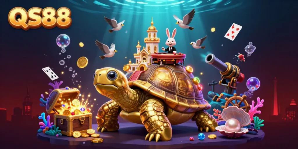 Experience thrilling gameplay at QS88 as a golden tortoise carries a miniature casino, surrounded by treasure elements.