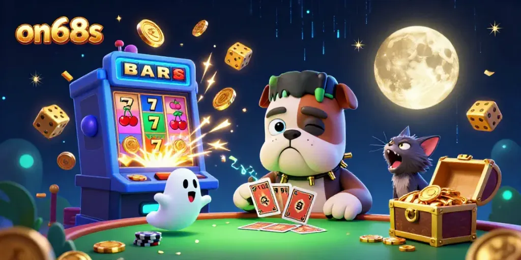 Experience the thrill of card games at on68s with a vibrant 3D illustration featuring unique casino characters.