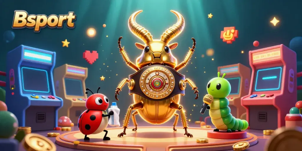 Bsport showcases a vibrant, action-packed scene with a golden stag beetle champion facing off, enhancing gaming excitement.