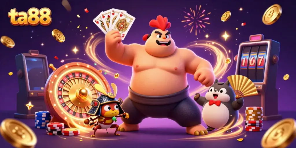 Engage in the excitement of ta88 with a dynamic 3D scene showcasing a powerful sumo rooster, fierce samurai cricket, and tanuki announcer surrounded by casino elements.
