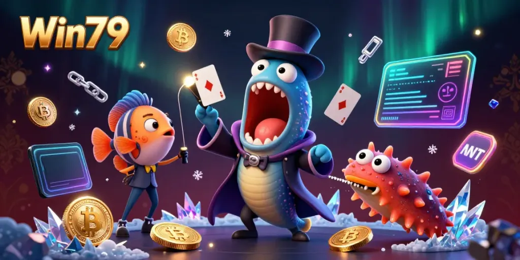 Win79 card tricks showcase by animated sea creatures in an electrifying casino scene.