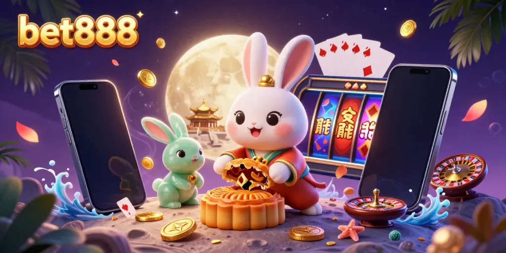 Experience immersive gaming with bet888 in this vibrant 3D scene featuring moon rabbits and casino elements.