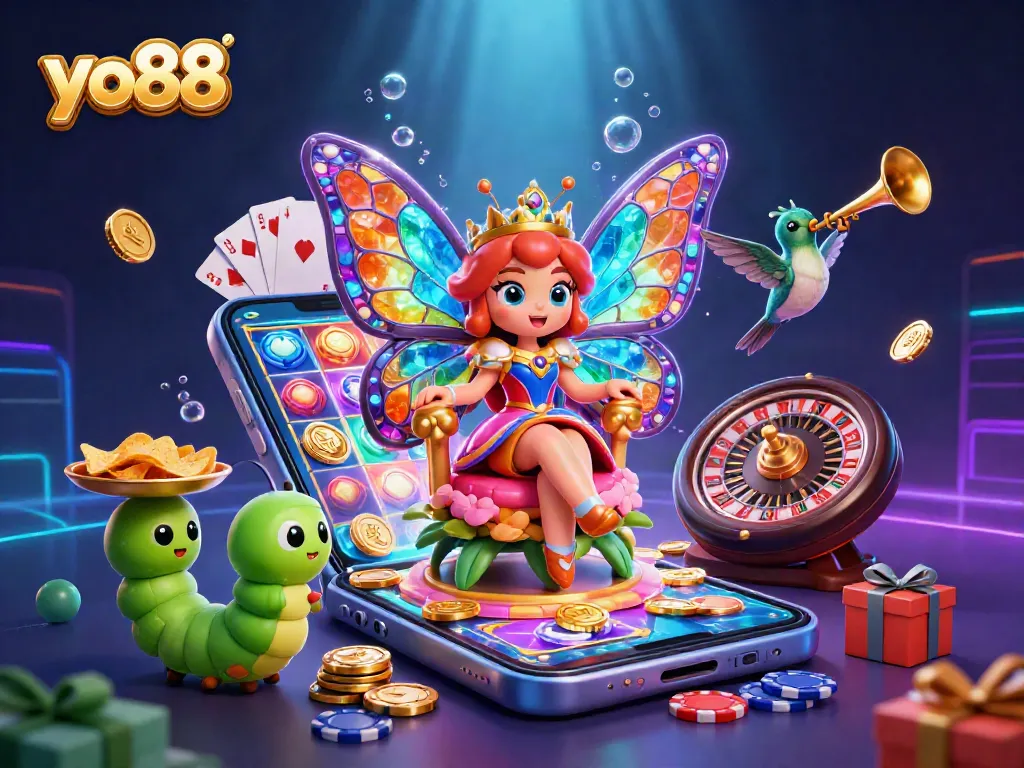 Spin and win at yo88 with a vibrant illustration featuring gaming elements and a butterfly queen.