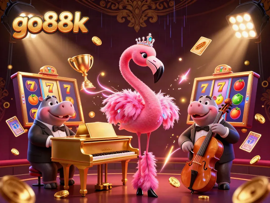 Engage in exciting gaming action with go88k, featuring vibrant casino elements like slot reels and lively characters.