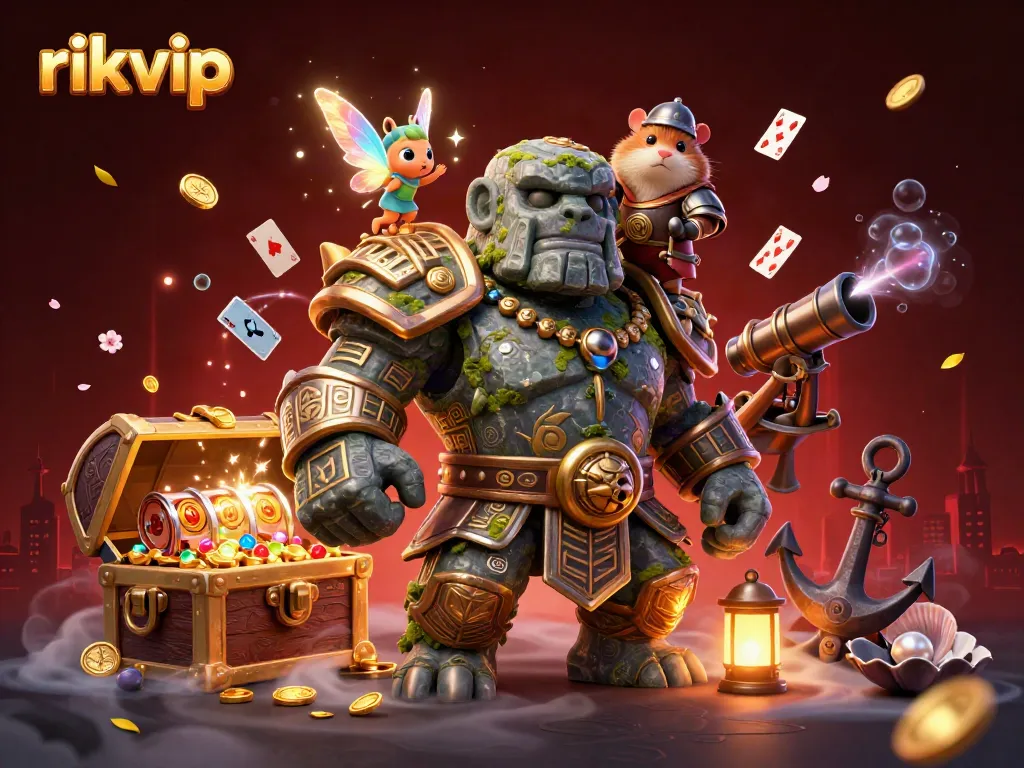 Experience the magic of rikvip with an enchanting 3D scene of a golem guardian, fairy, and hamster knight amidst vibrant casino elements.