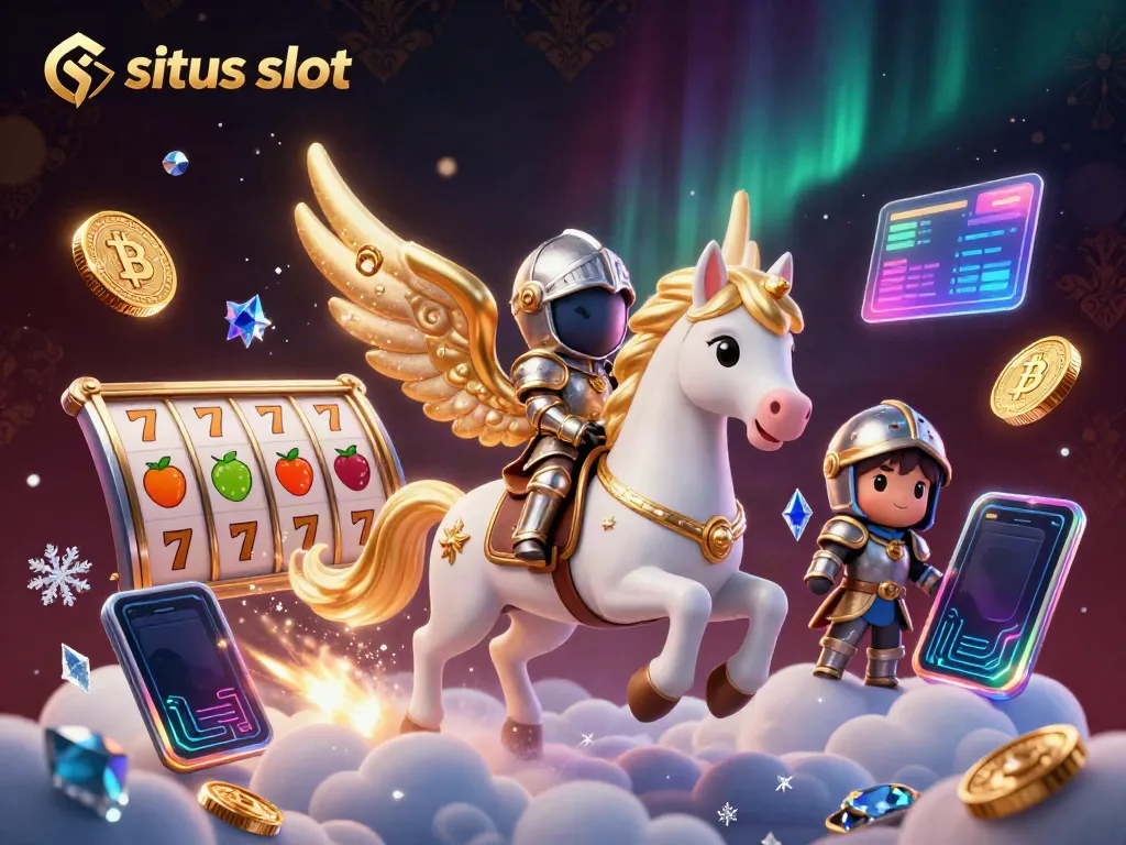 Experience situs slot action with dynamic lucky 7s and crypto elements in an engaging digital illustration.