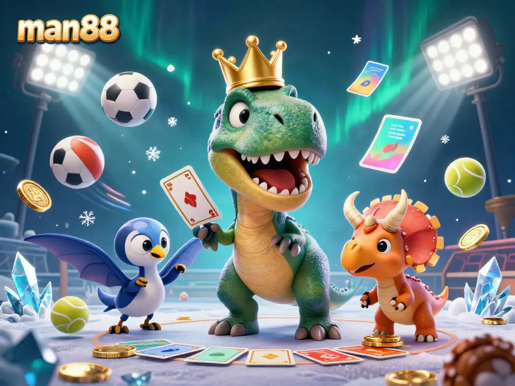 man88 features a friendly T-Rex shuffling cards and a baby triceratops stacking chips amid dynamic sports elements
