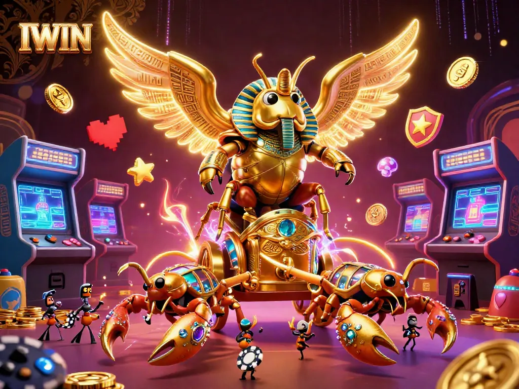 IWIN showcases an engaging casino scene with a golden scarab beetle and scorpions amidst vibrant game elements.