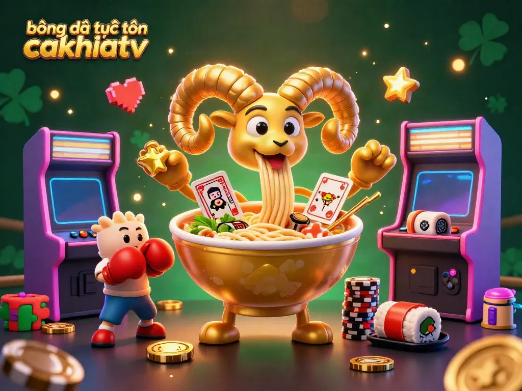 Engaging scene of bóng đá trực tuyến cakhiatv represented by a golden ramen bowl character dealing cards and stacking chips in a dynamic gambling atmosphere.