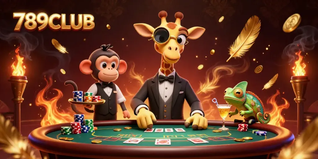Play your favorite games at 789CLUB with this vibrant 3D casino illustration featuring a high-roller giraffe and lively characters.