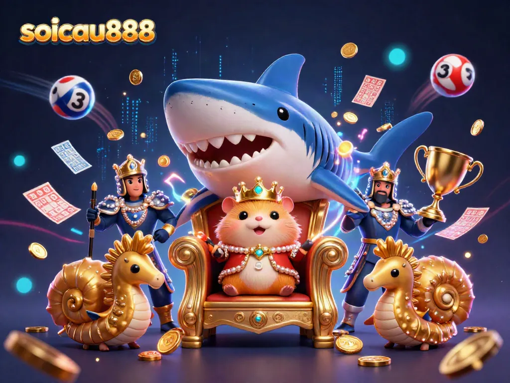 Engaging "soicau888" scene showcasing a hamster king in a lottery-themed throne, surrounded by colorful game elements.