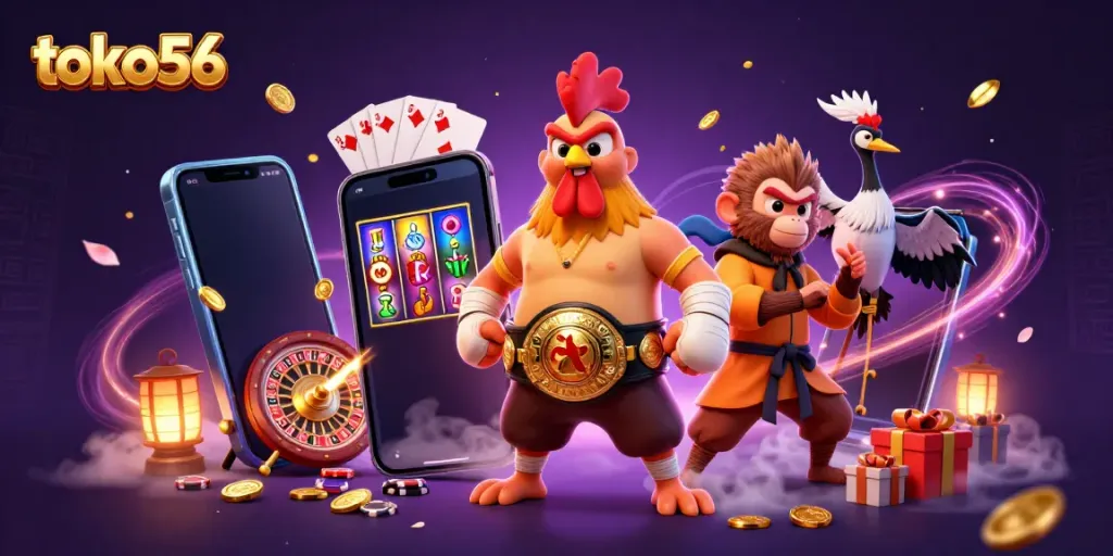 Experience the gaming excitement with toko56's vibrant characters and slot games in a 3D digital illustration.