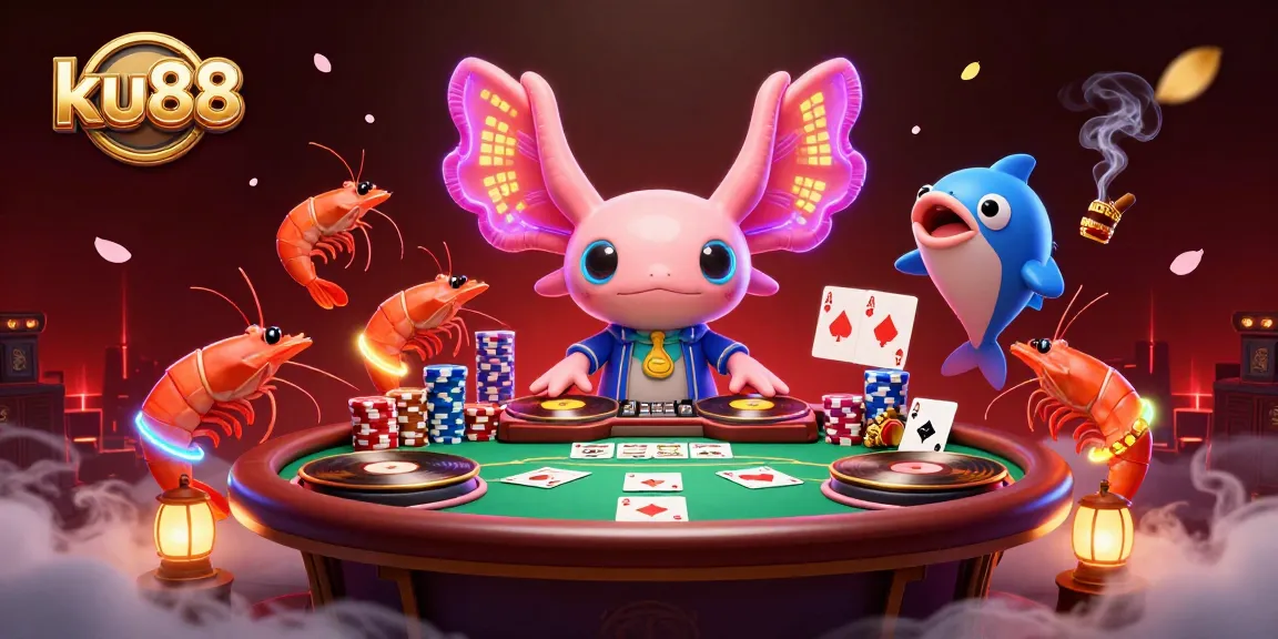 Join the excitement at ku88 with vibrant 3D casino action featuring a neon DJ and poker elements.